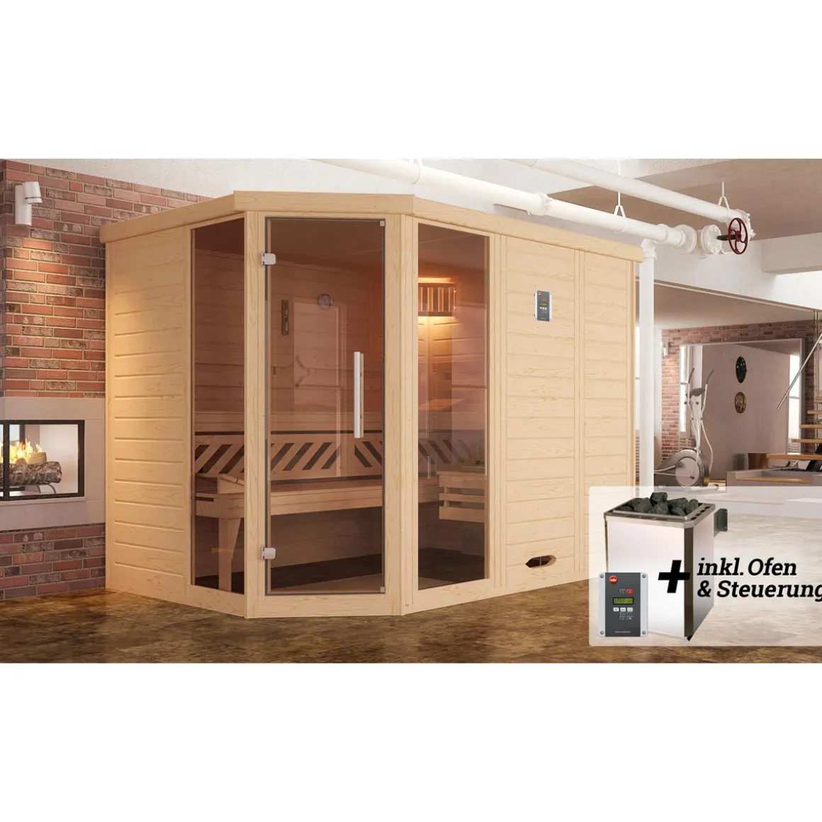 Weka Premium Massivholz-Elementsauna Kemi Eck Größe 3 Sparset 7,5 kW OS