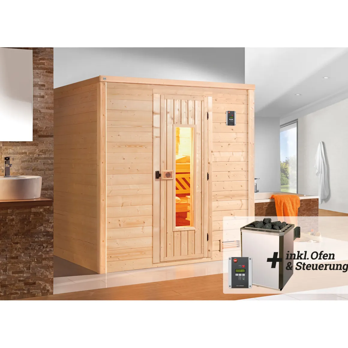 Weka Premium Massivholz-Elementsauna Kemi Größe 5 Sparset 7,5 kW OS