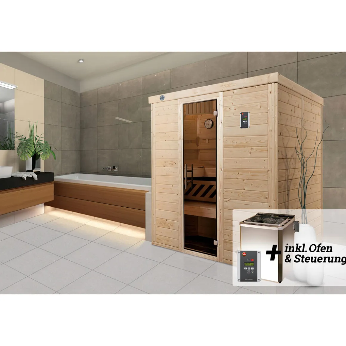 Weka Premium Massivholz-Elementsauna Kemi Eck Größe 3 Sparset 7,5 kW Bio S