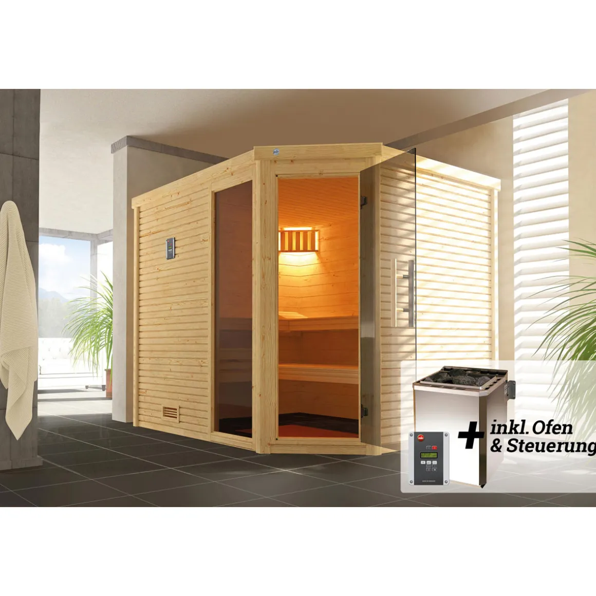 Weka Premium Massivholz-Sauna Turku Eck Größe 3 Sparset 7,5 kW Bio S
