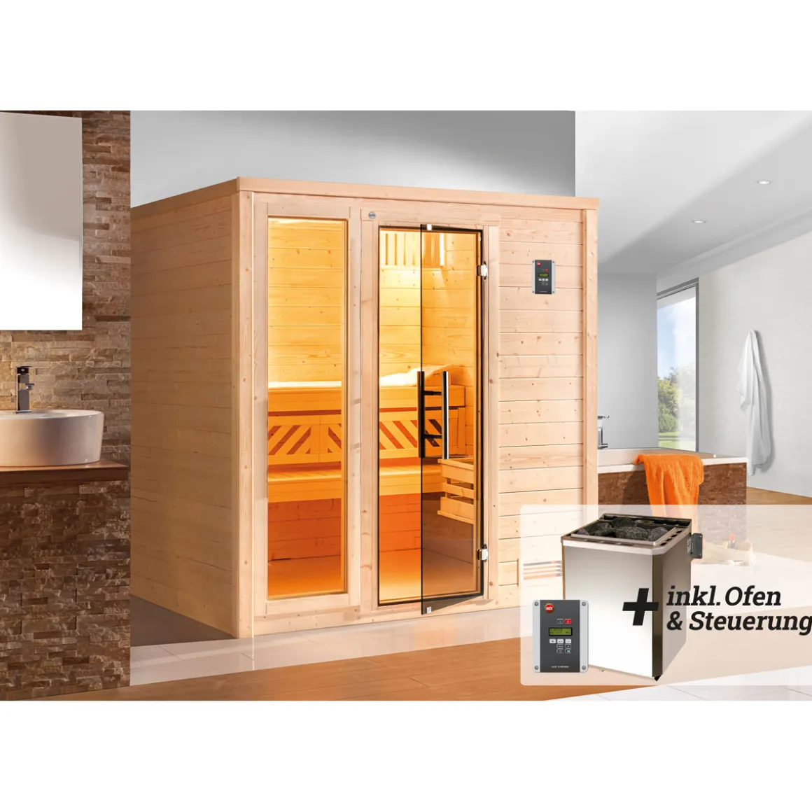 Weka Premium Massivholz-Sauna Bergen Größe 1 Sparset 7,5 kW OS Glastuer