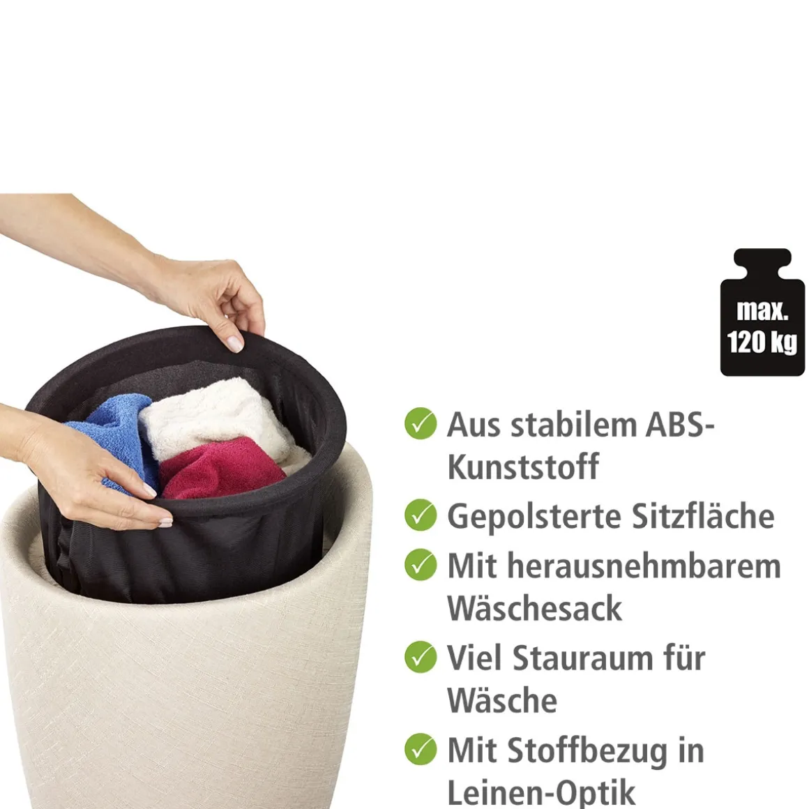 Wenko Hocker Candy Beige Leinenoptik mit Wäschesack Badhocker mit abnehmbarem Wäschesammler