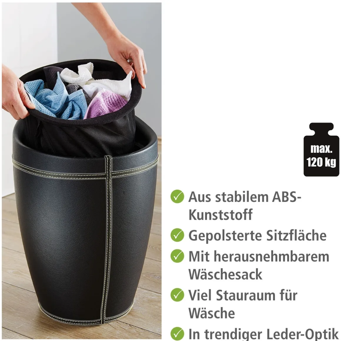Wenko Hocker Candy Black in Lederoptik mit Wäschesack Badhocker mit abnehmbarem Wäschesammler