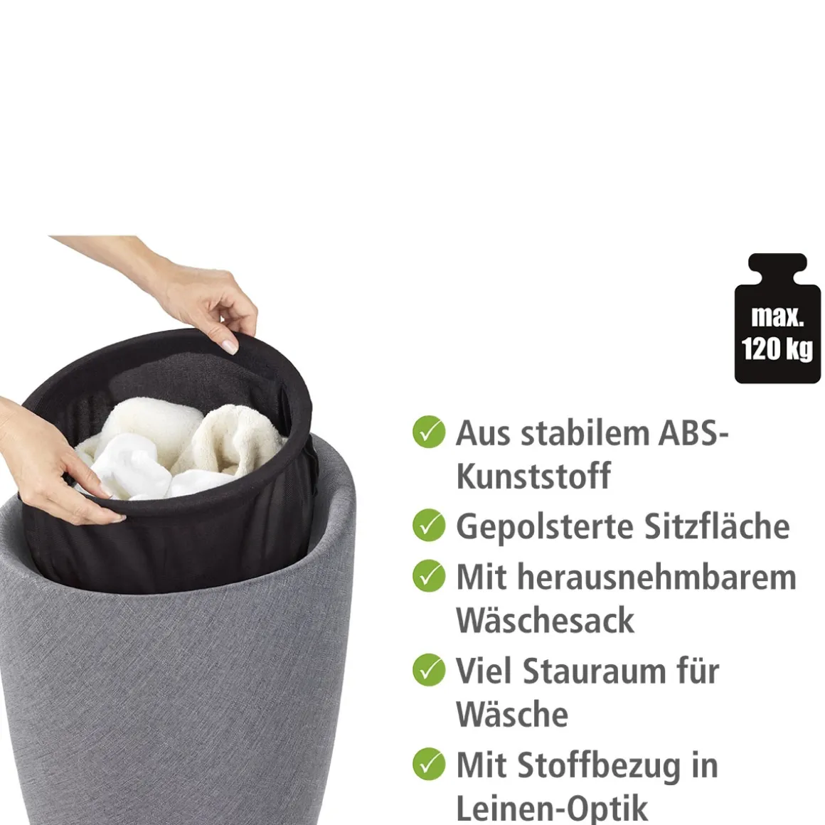 Wenko Hocker Candy Grey Leinenoptik mit Wäschesack Badhocker mit abnehmbarem Wäschesammler