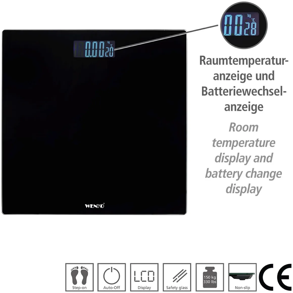 Wenko Personenwaage LCD Schwarz digitale Körperwaage mit LCD-Display