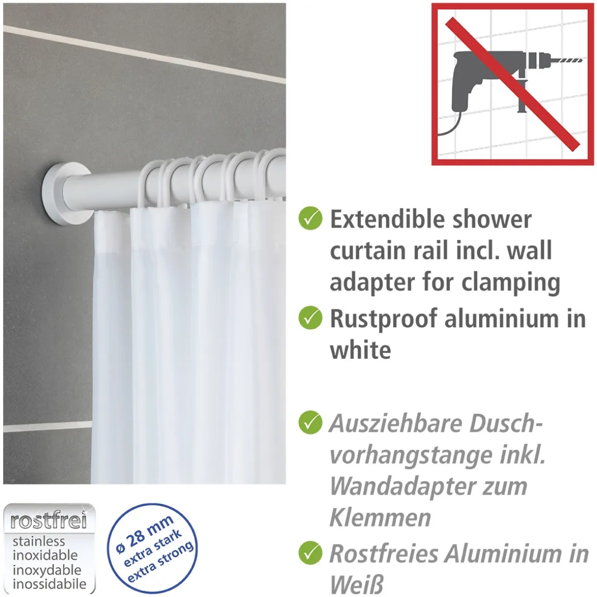 Wenko Teleskop-Duschstange Luz 110 - 185 cm Weiß Ausziehbare Duschvorhangstange aus rostfreiem Aluminium