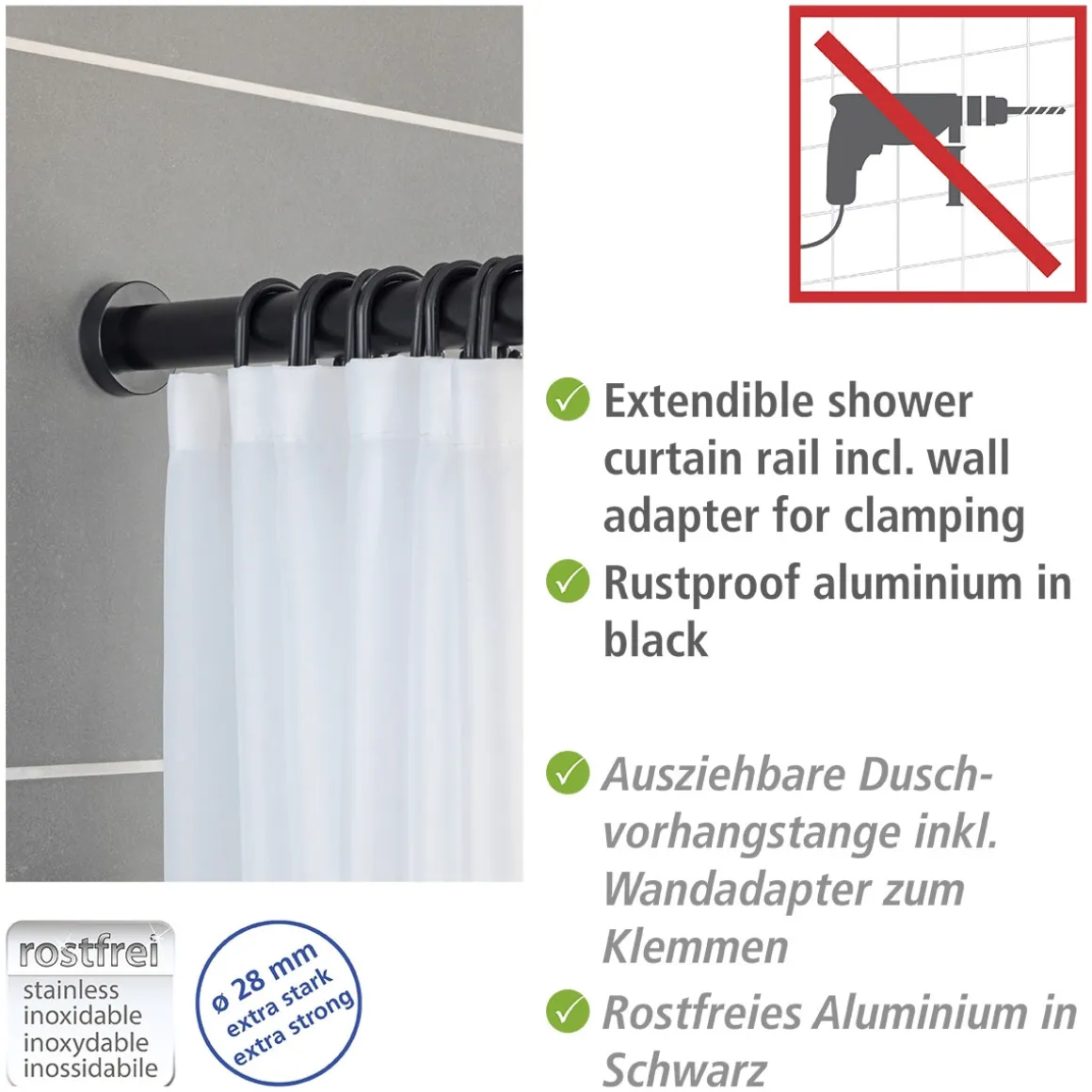 Wenko Teleskop-Duschstange Luz 110 - 185 cm Schwarz Ausziehbare Duschvorhangstange aus rostfreiem Aluminium