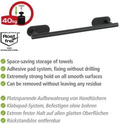 Wenko Turbo-Loc Edelstahl Badetuchstange Orea Black Matt Handtuchhalter Befestigen ohne bohren